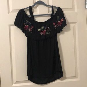 black off shoulder top with embroidered flowers